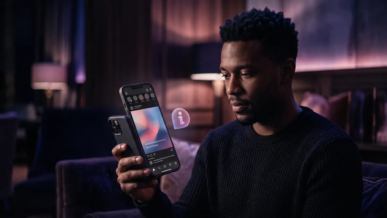 A phone showing a vertical video ad with a small information label beside it