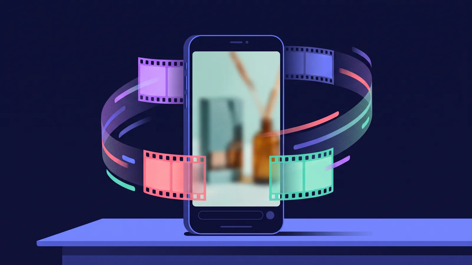 A vertical video ad playing on a smartphone, surrounded by abstract film frames and soft light