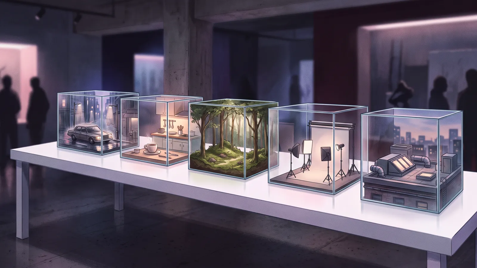 Five miniature film sets in glass cubes, representing different AI video models