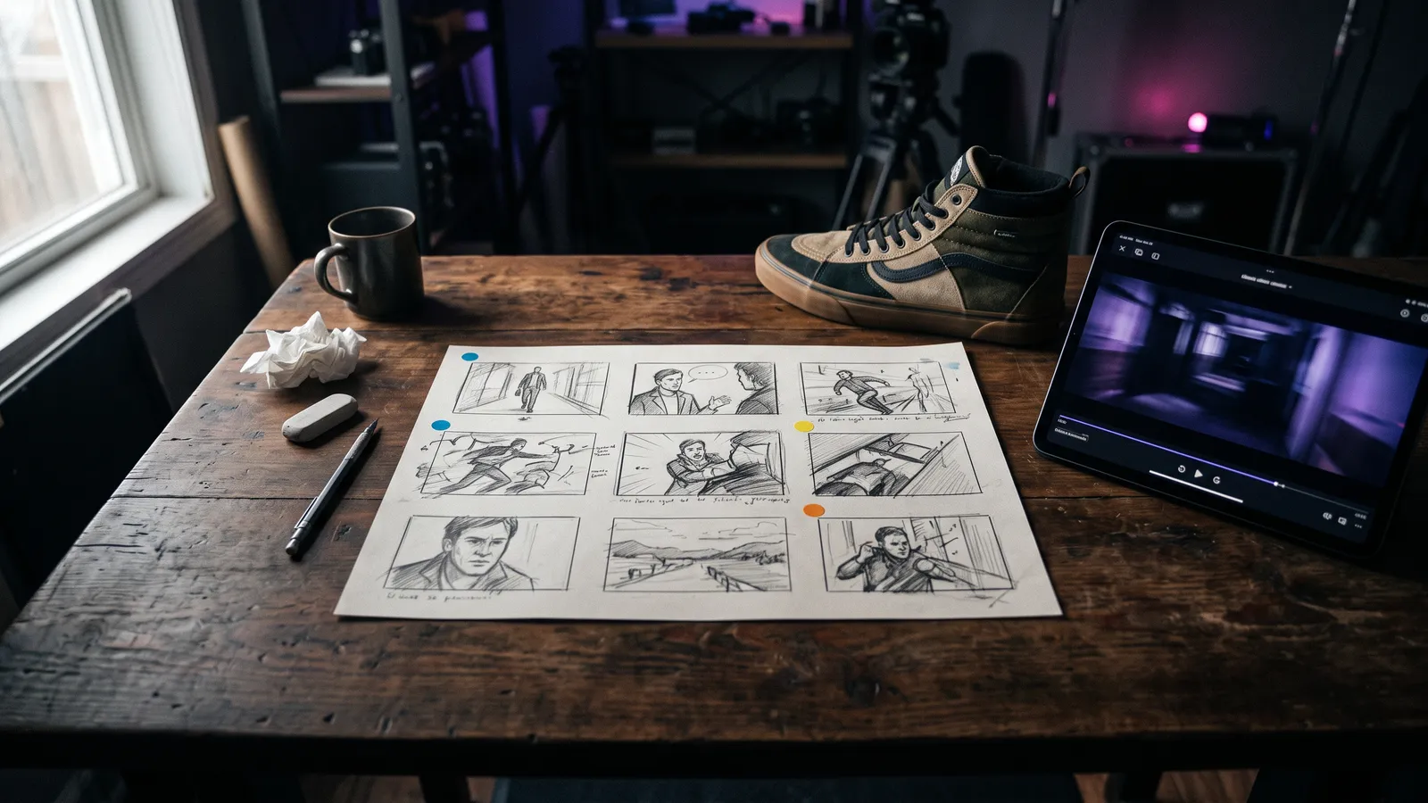 A storyboard next to a real product used as reference for AI video shots