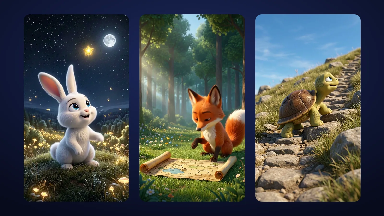 The Whisker Woods cast in real frames from the episodes: Bun-Bun the bunny, Rusty the fox with the old map, and Pebble the turtle