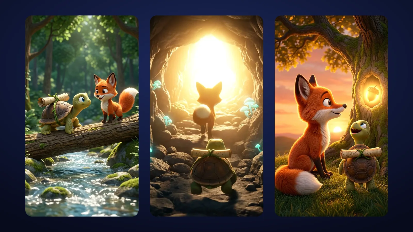 Three chained shots from The Fox, the Turtle and the Old Map: Rusty and Pebble on a log over the stream, in the glowing cave, and at the Old Oak at sunset