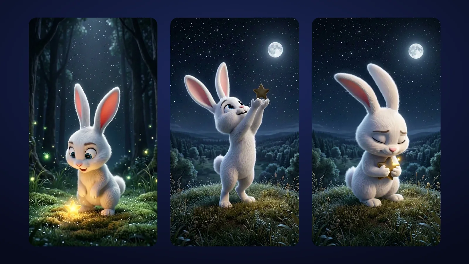 Three frames from The Little Star Who Fell: Bun-Bun finds the fallen star, lifts it towards the sky on the Moon Hill, then hugs it goodbye