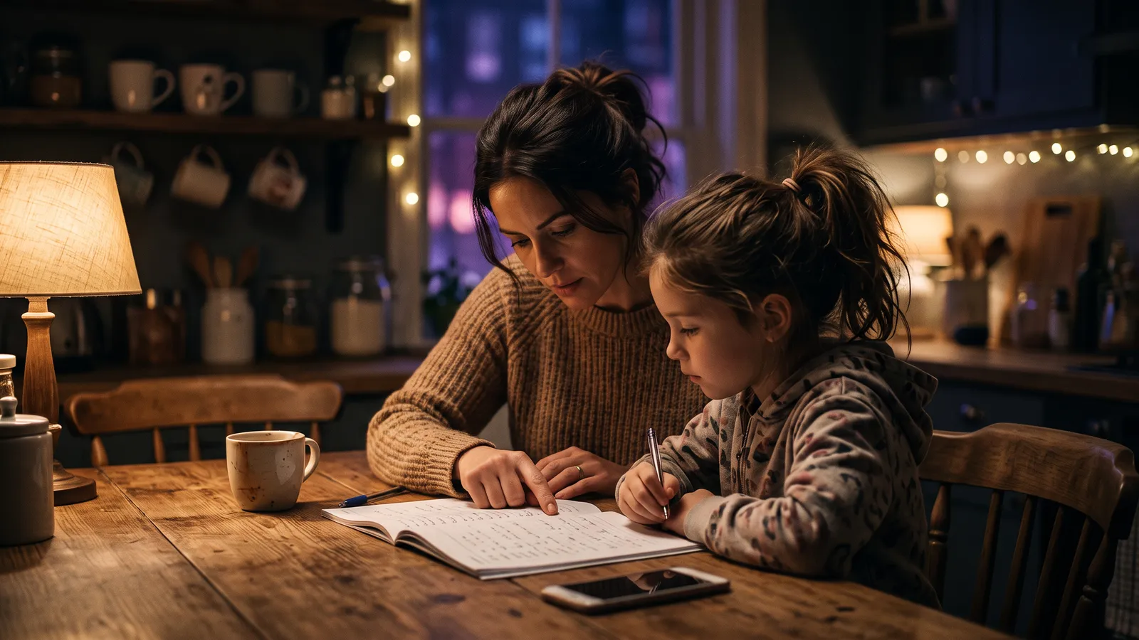 A parent and child sit together at a kitchen table in the evening, working through homework with a phone on the table
