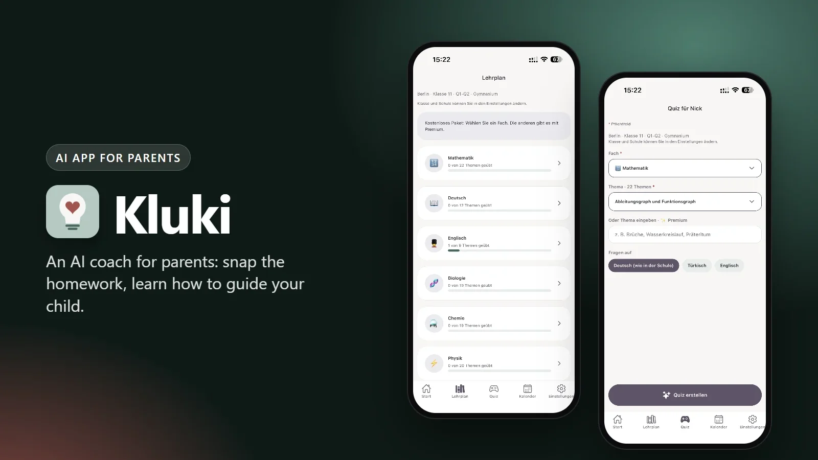 Kluki, an AI app for parents: two phone screens showing the curriculum and the quiz builder